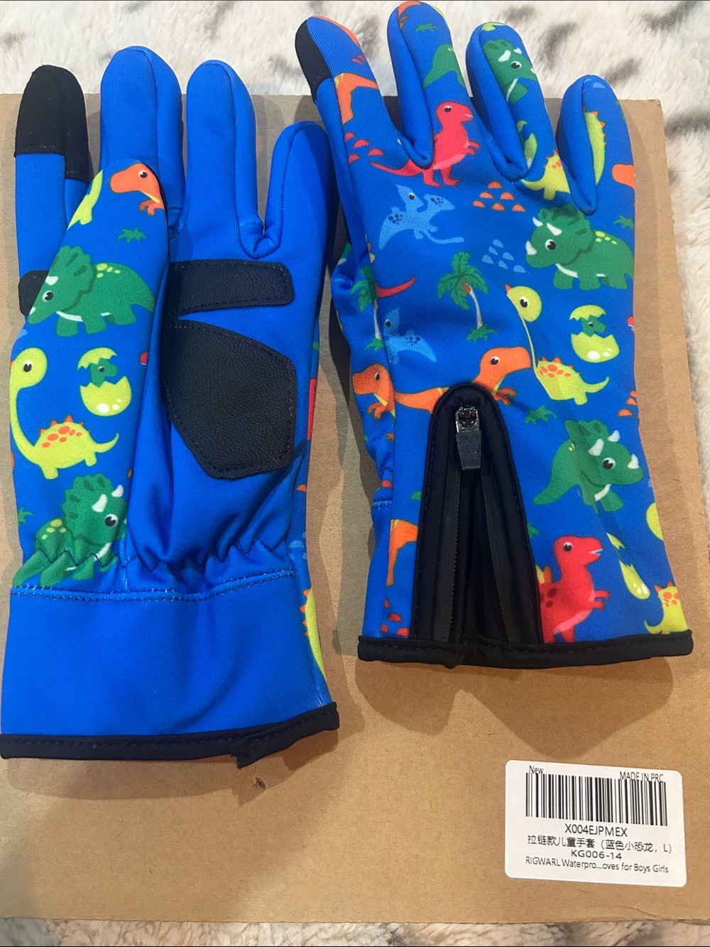 Boys Blue Dinosaur waterproof gloves with Zipper Closure